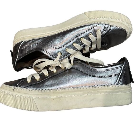 ALLSAINTS ALL SAINTS Metallic Pewter Silver Milla Leather Platform Sneakers Size - Picture 3 of 9